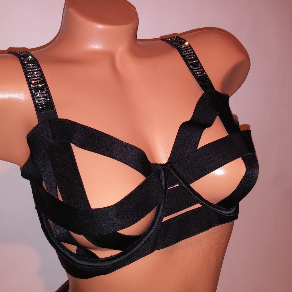 Victoria's Secret Bra 34DD Shine Strap Black Bandage Strappy Unlined Balconet